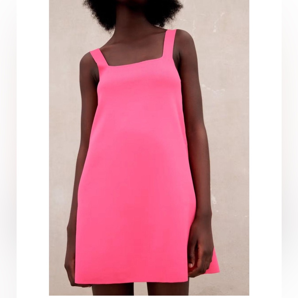 ZARA shift dress neon pink square neck sleeveless knit thick straps Barbie